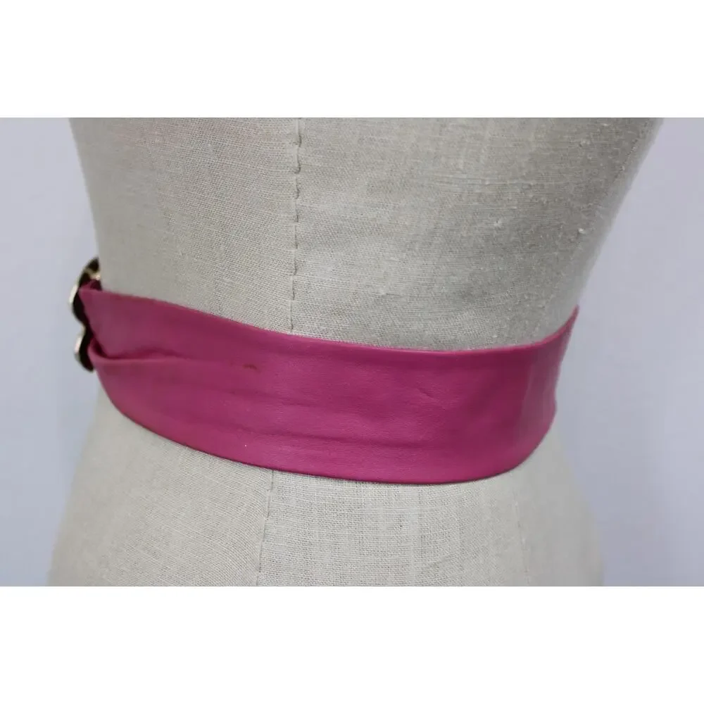 Vintage 80s BELT BUCKLE Pink Leather REVCOR RETRO Gold tone ABSTRACT DESIGN